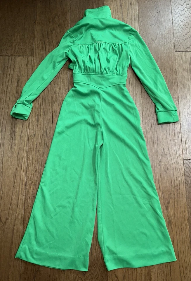 Mono Hippie Boho De Colección Años 60 70 Botón Delantero Pierna Ancha Verde Lima Disco RARO Foto 4 de 4