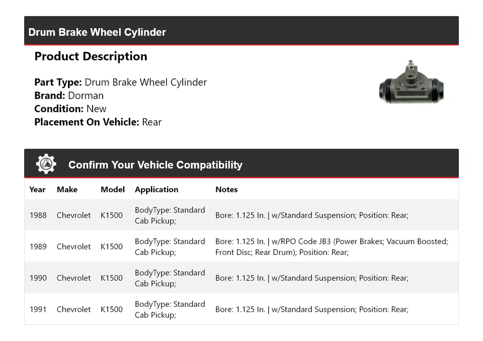 Задний цилиндр барабанного тормоза колеса со стандартной кабиной для Chevrolet K1500 1988-1991 годов выпуска Dorman - Изображение 2 из 4