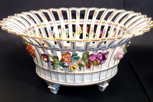 Carl Thieme Dresden Porcelain Footed Bowl Reticulated Applied Florals in Relief