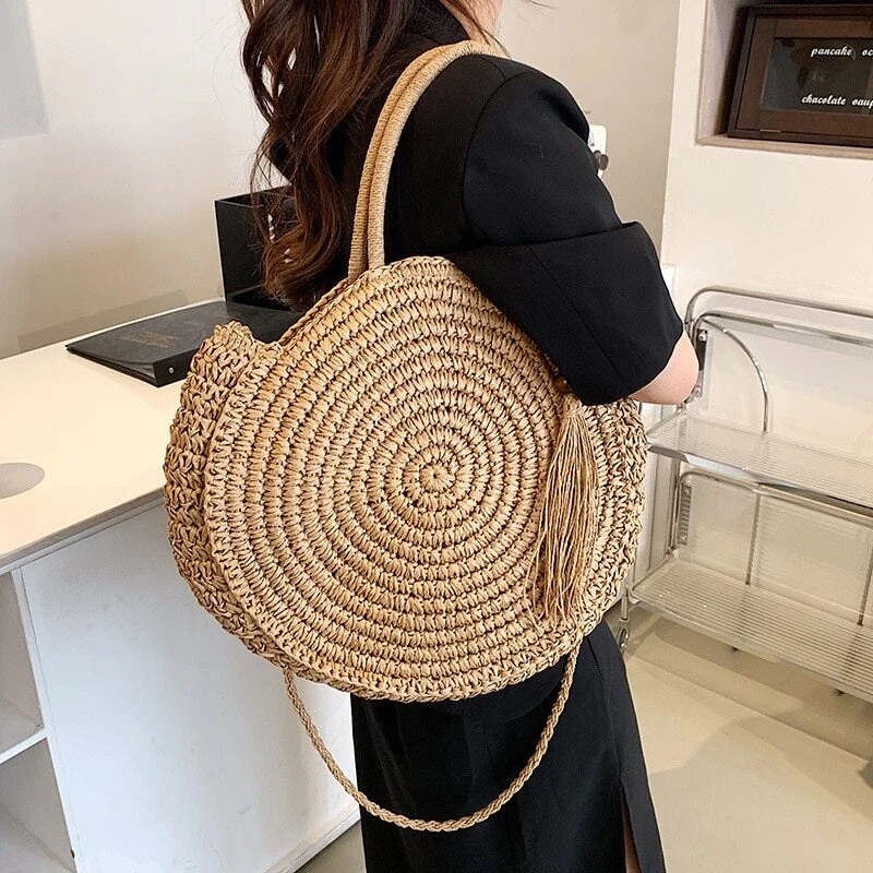 Summer Straw Shoulder Bags Women Round Rattan Handmade Woven Beach