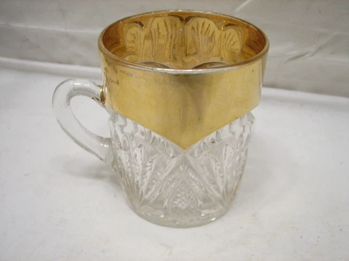 Heisey Glass Early Pineapple & Fan Mug Gold Rim pre-Diamond H mark Cup EAPG