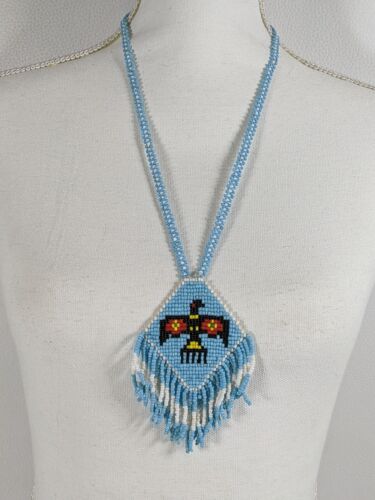 Native American Thunderbird Medallion Necklace Woven Glass Seed Bead Vintage - Picture 8 of 9