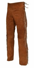 Mens Real Buckskin Suede Leather Brown Pant Fringes Red Indian Reenactment