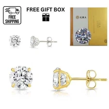 14K Gold GRA Certified D-VVS1 Round Moissanite Push Back Studs Earrings