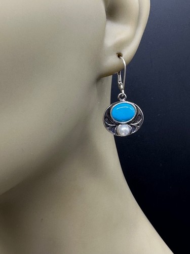 ESTATE STERLING SILVER TURQUOISE HOWLITE CABOCHON PEARL DROP SIGNED EARRINGS - Picture 10 of 12