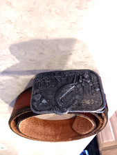 Fly Fishing Belt Buckle Trout River Trees Sportsman Vtg 80s Siskiyou Plus Belt