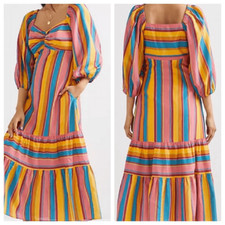 Anthropologie Farm Rio Rainbow Stripe Tiered MIDI Dress Multi Small