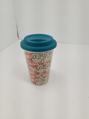 Multicolored , Ceramic Coffee TUMBLER + RUBBER TOP COVER LID, VintageA33