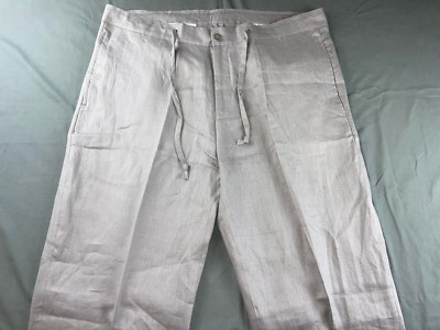 Bahaia Sol 100% Linen Chino Style Pants w/ Drawstring. Platinum Gray, 38. NWT!!