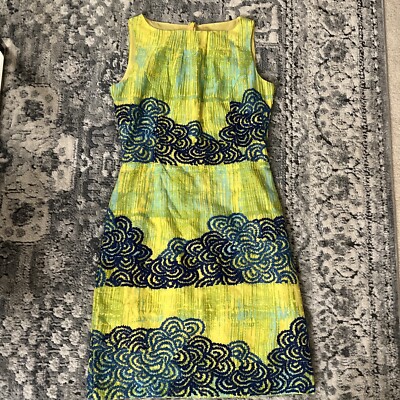 Anthropologie Sheath Dress Tabitha Azure Mini Scroll Yellow Navy