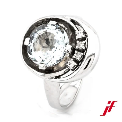 Bague Classique 585/14K Or Blanc Aigue-Marine Diamants Taille 57 - Photo 1/3