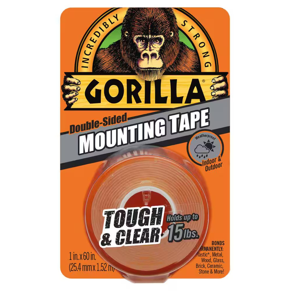 Gorilla Mounting Tape Double Sided Adhesive Roll Strong Hold 1 in x 60 in, Clear