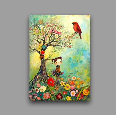 ACEO Bird Watching whimsical girl flower forest artist trading card 2.5x3.5