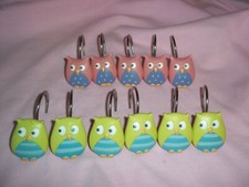 SET of 11 OWL Shower Curtain Hooks - whimsical -6 GREEN 5 PINK EUC