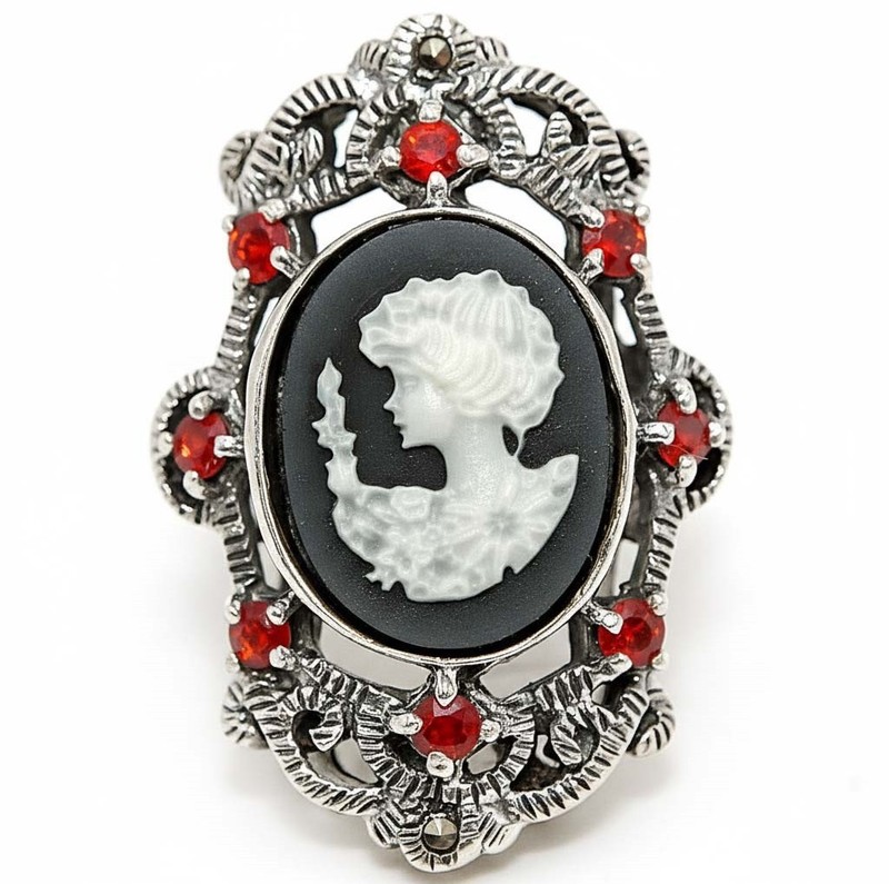 Swiss Marcasite Cameo Victorian Lady 925 Sterling Silver Ring Sz 6 PC6