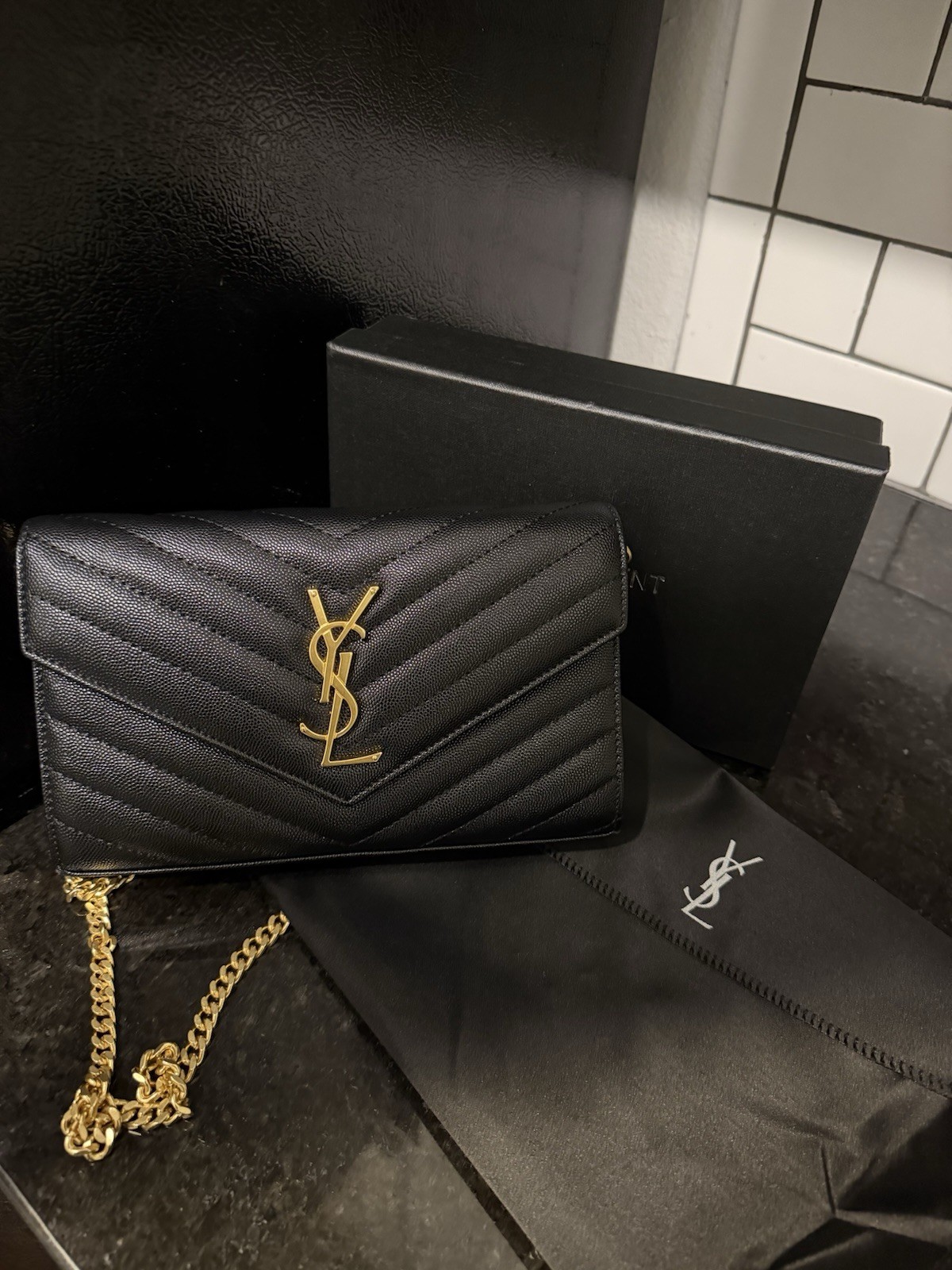 Saint Laurent Black Wallet on Chain Crossbody Gold Chain Bag🙂🙂