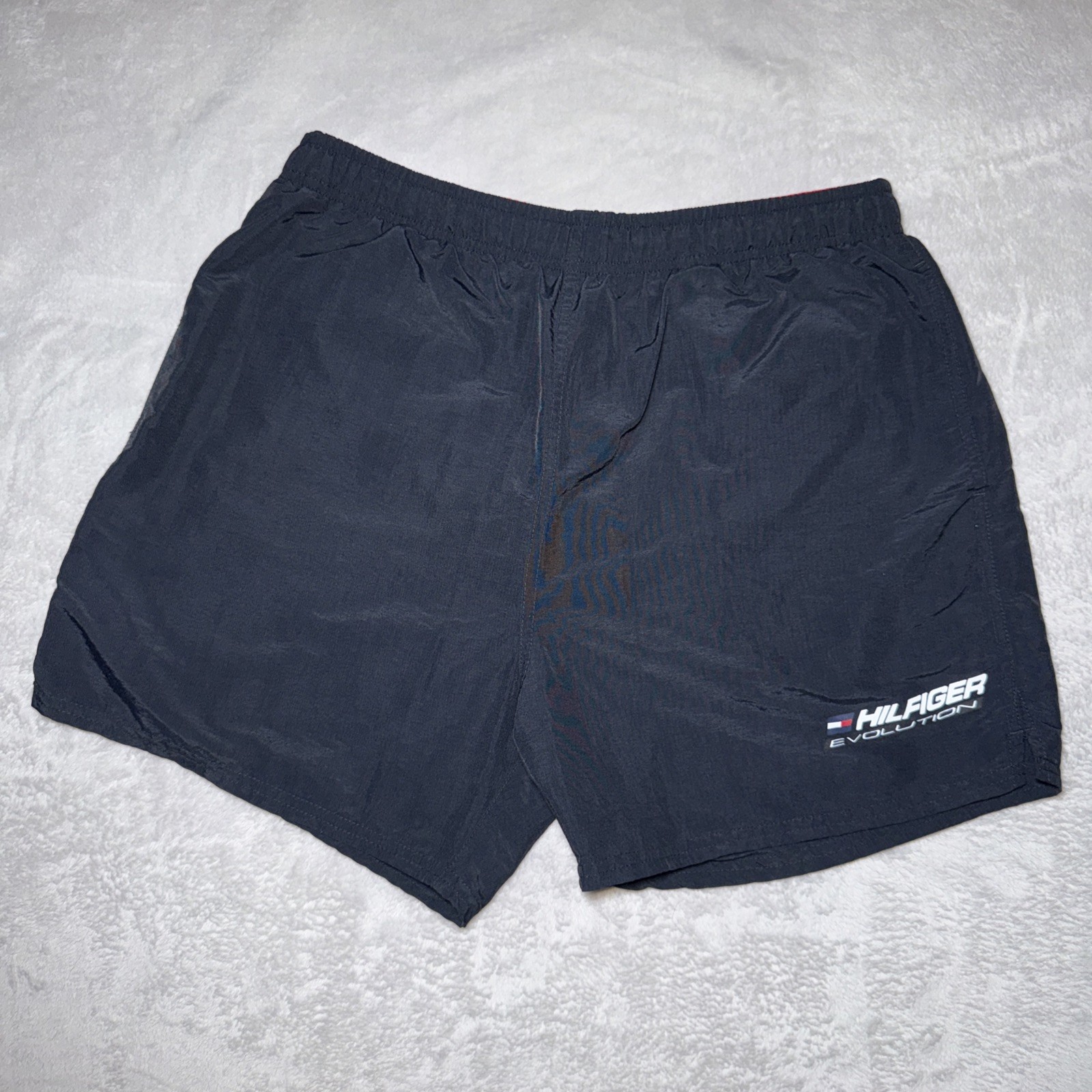 VTG Hilfiger Evolution Men’s Black Medium Swim Shorts Red Drawstring Pockets