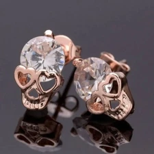 Gothic Skull Earrings Rose Gold Tone Stud Punk Rhinestone Crystal Heart Eyes New