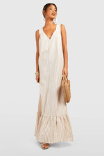 Boohoo Beige & Cream Striped Trapeze Maxi Dress In Stone Size US 12