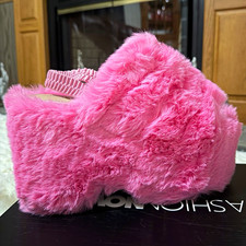 Fashion Nova Sequoia Women's Pink Faux Fur Platform Open Toe Slippers US 11