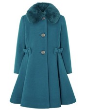 Rothschild  Co. Girls Bow Princess Coat Detachable Faux Fur Collar Teal Size 6