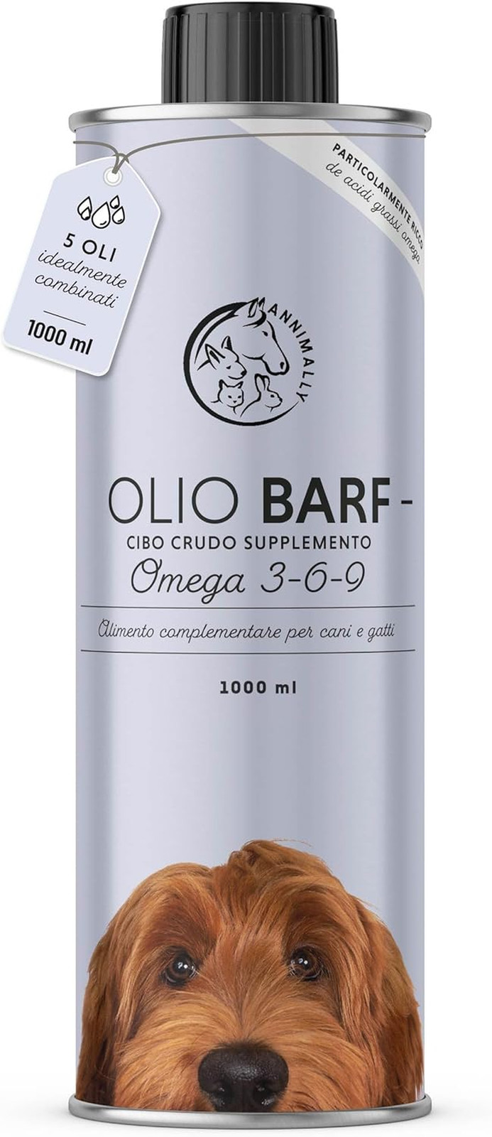 Olio BARF 1L Salmone per Cani - Omega 3-6-9 Integratore Massa e Pelo