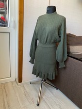 Sezane Paris Womens Green Knit Mini Dress Khaki Olive Pointelle Openwork XS