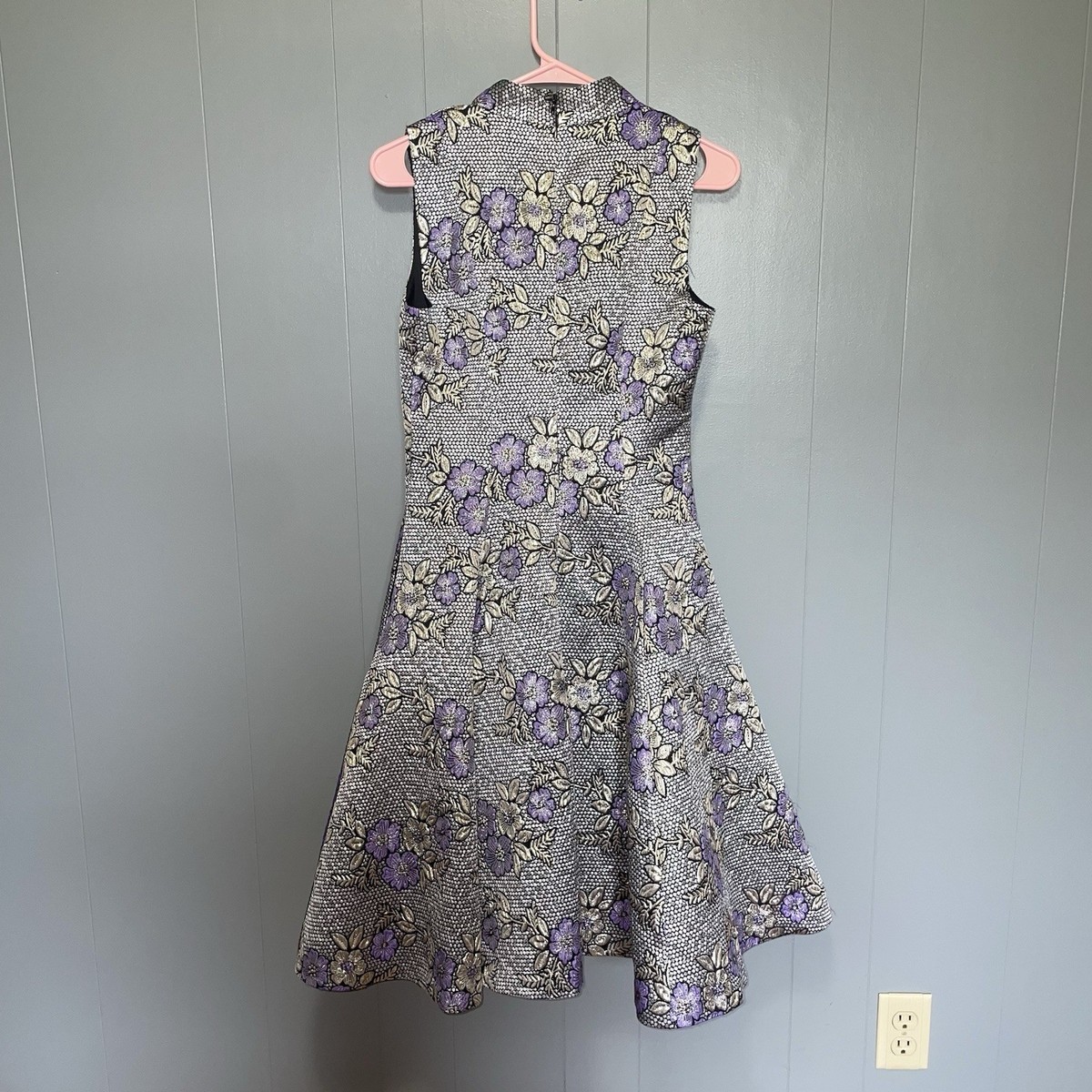 Belle Badgley Mishka Jacquard Fit and Flare Purple Silver Floral V-Neck Dress 4 View 6