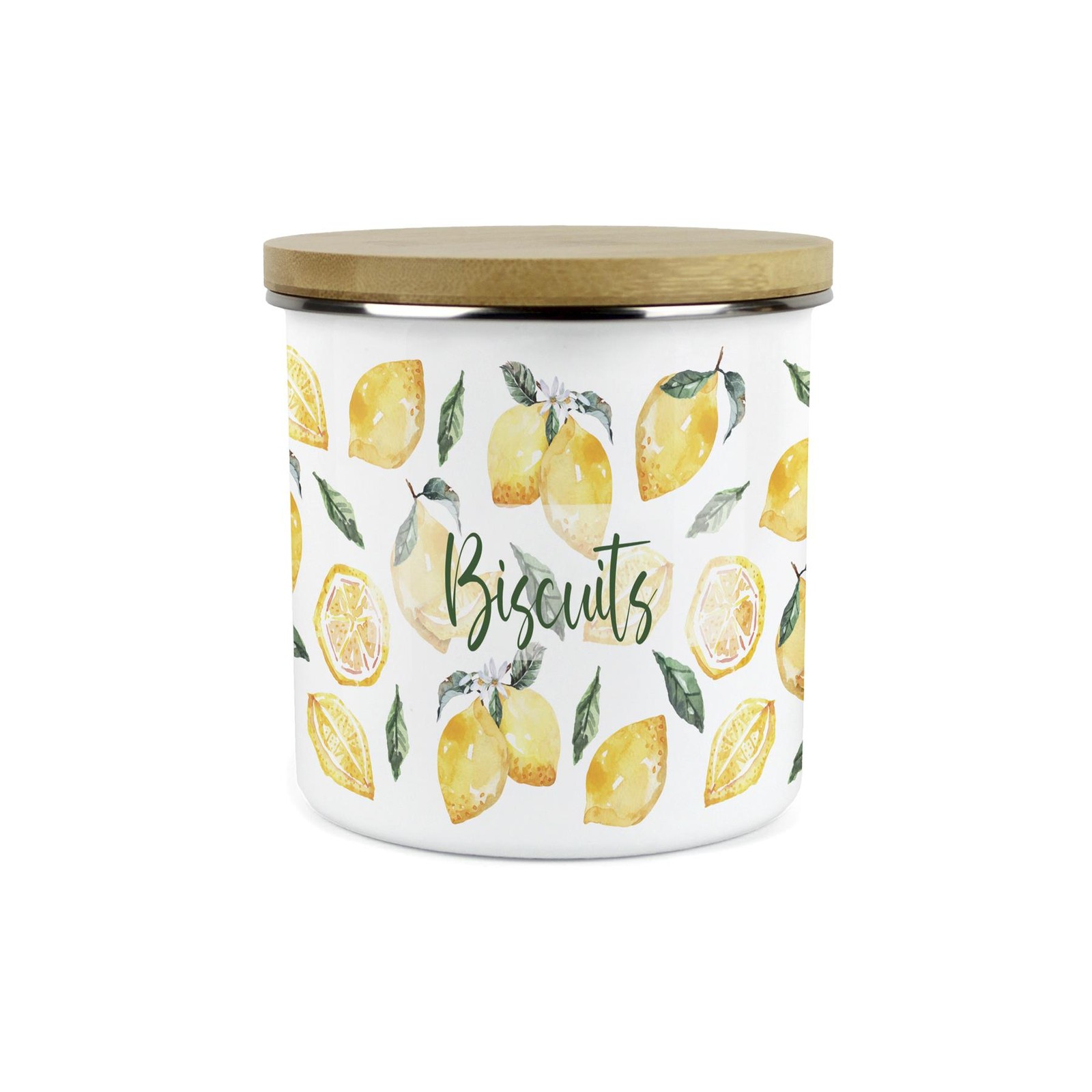 Small Biscuits Storage Canister - Watercolour Lemons Enamel Kitchen Storage Jar
