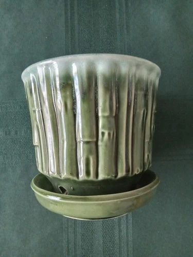 Vtg McCoy Green Bamboo Planter With Attached Saucer 4" Tall 4.5" Wide #0372 New