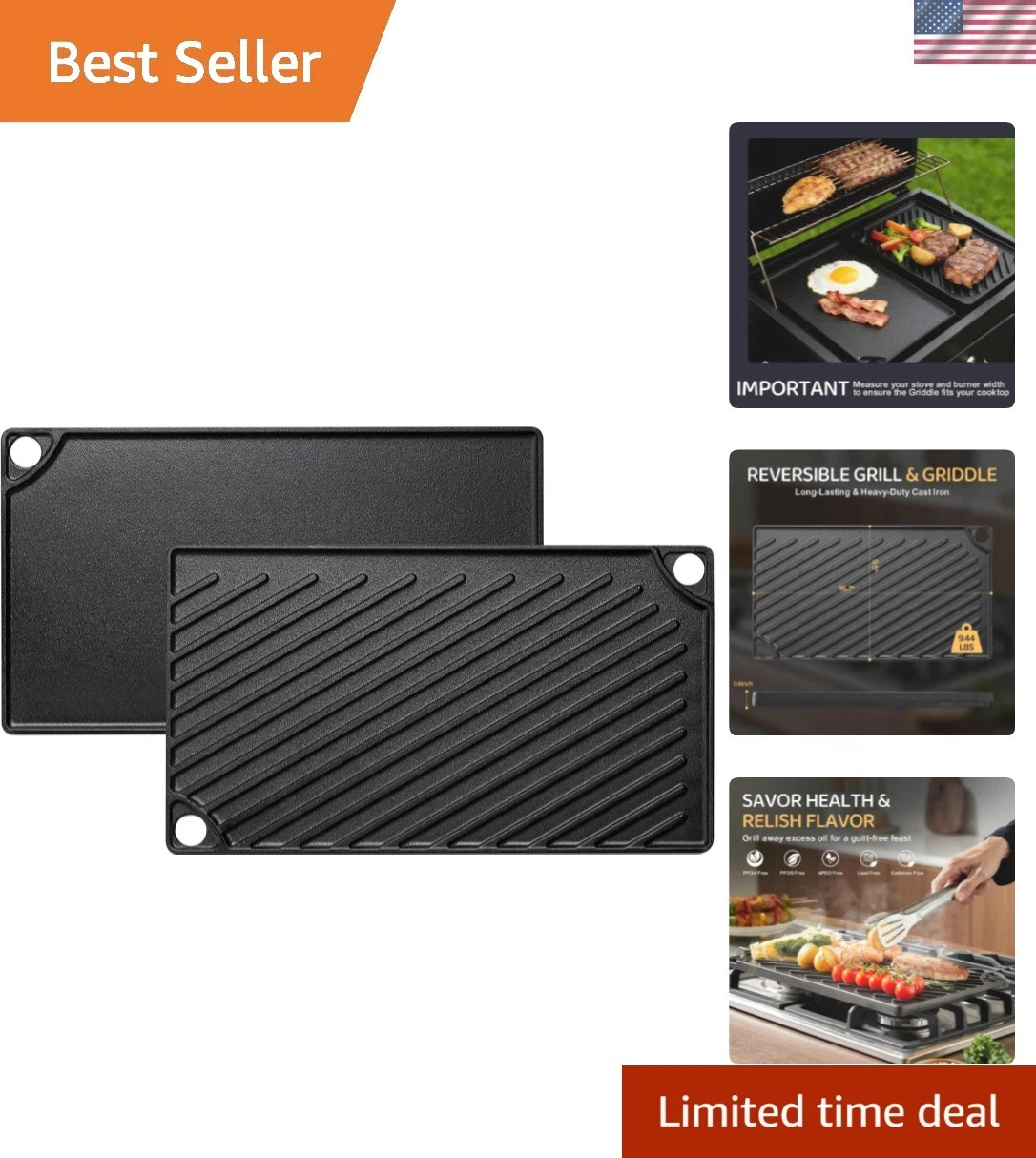 Reversible Grill/Griddle, 16.7x9.5'' Pre-Seasoned Cast Iron Griddle Pan, Doub...
Opens in a new wind