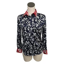 The Shirt Rochelle Behrens Top Women XS Blue Floral Red Collar Career Contrast