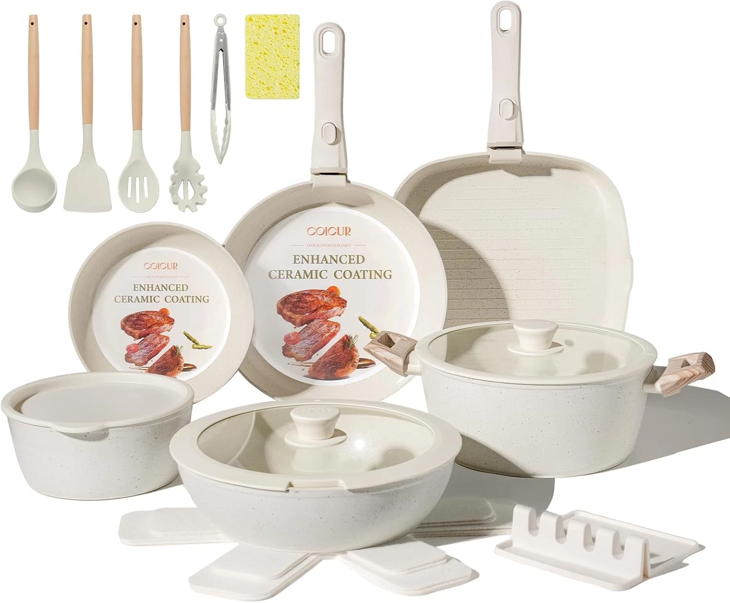 23-Piece Non-Stick Ceramic Cookware Set with Detachable Handle, Cream White