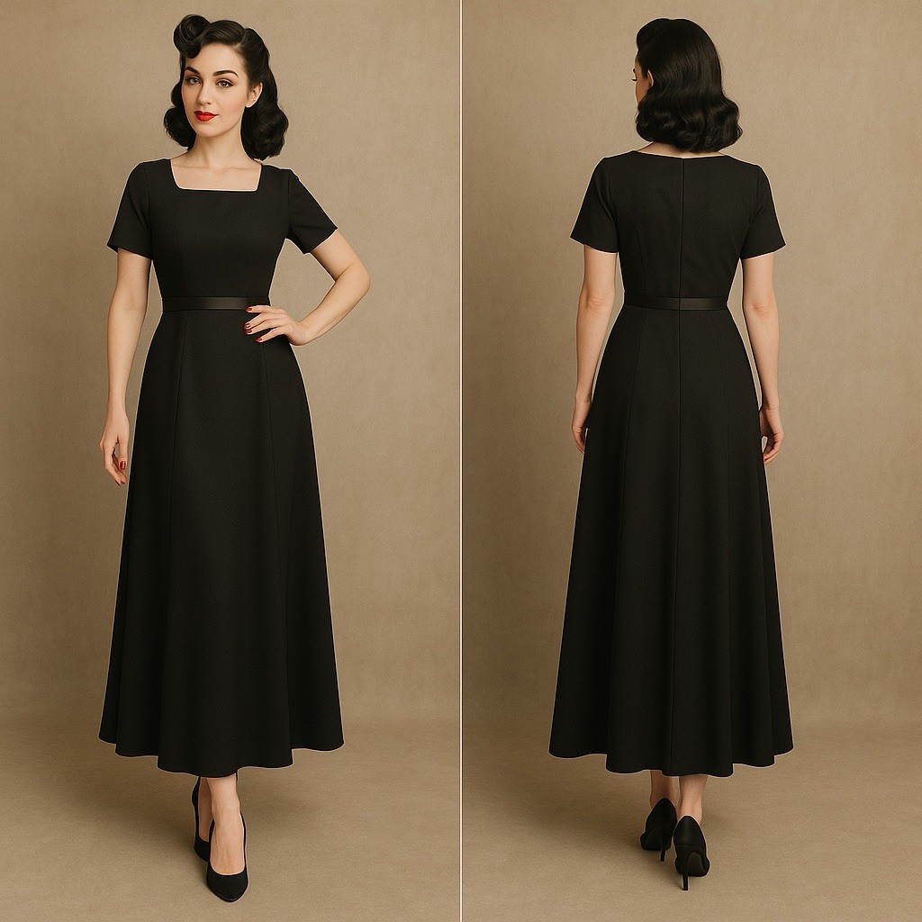 Vintage 1940s 1950s Black Dress Long Pin Up Style Size 10 L