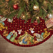Christmas Tree Skirt 48 Inch, Buffalo Plaid Nativity Holy Night Christmas Tre...
