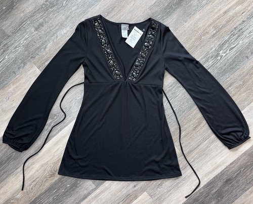 NWT Daytrip Jeweled Deep V-Neck Babydoll Tunic Top Shirt Long Sleeve Sheer Small
