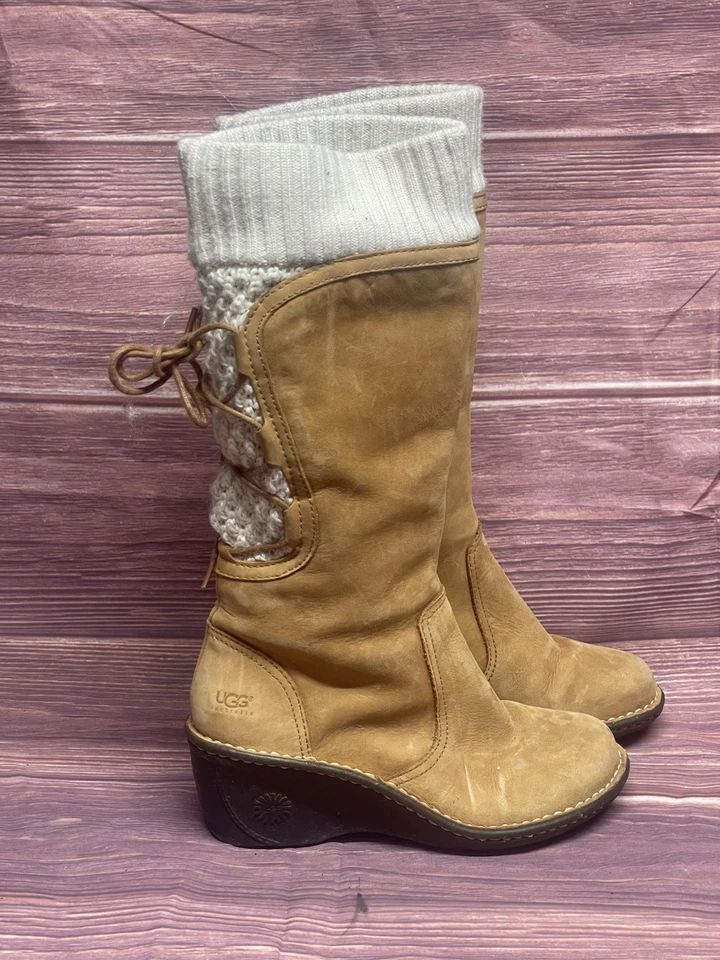 Bota UGG Skylair para mujer talla 7 cuero tostado castaño tacón de cuña puño tejido blanco Foto 4 de 4