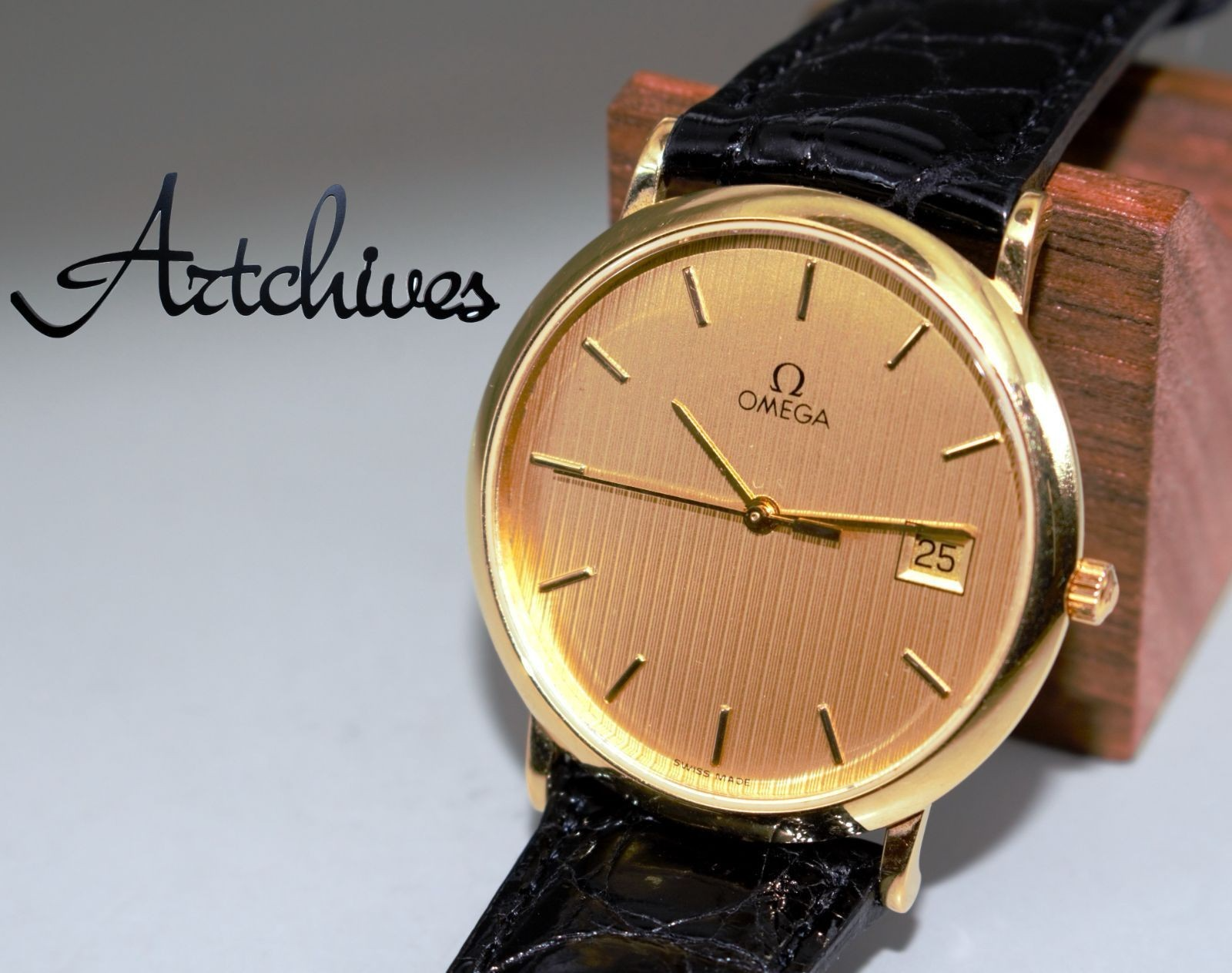 OMEGA De Ville Quartz 36mm Champagne Dial Date Leather Strap Watch