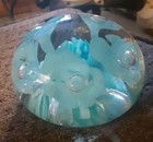 Joe St. Clair Art Glass Paperweight Signed Bubbles Blue Trumpet Flowers Vintage — photo 2