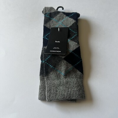 NORDSTROM MENS CASHMERE BLEND ARGYLE SOCKS BLUE GREY OS NWT
