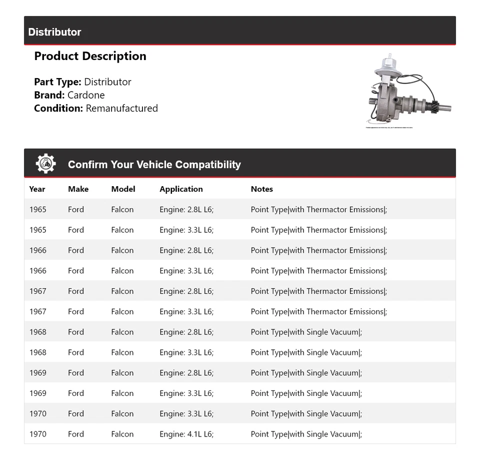 Ford Falcon Distribuidor Cardone 1965-1970 1966 1967 1968 1969 Foto 2 de 4