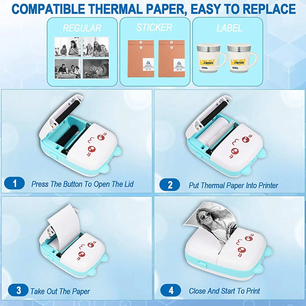 Portable Mini Bluetooth Thermal Printer with 6 Photo Rolls Wireless Pocket-Sized