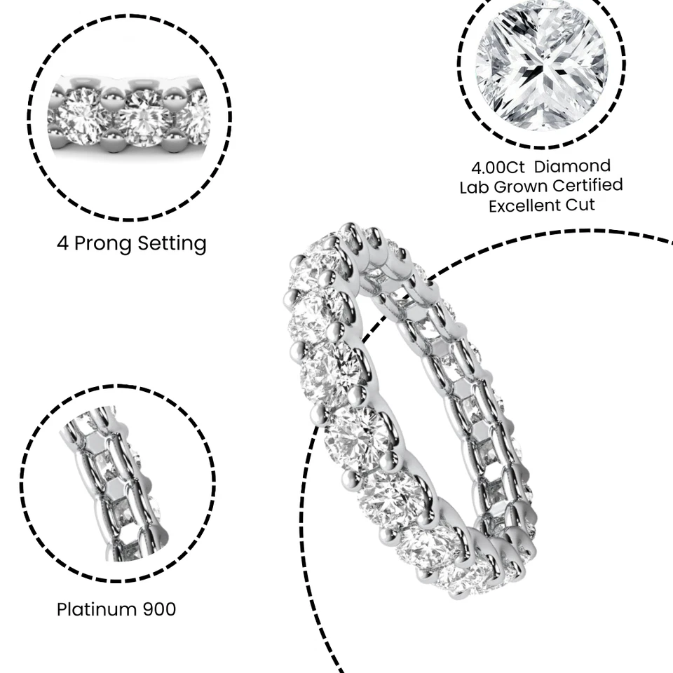 Banda de eternidad de diamantes creada en laboratorio de corte redondo D VS2 certificada de 4 quilates platino Foto 2 de 4