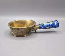 Vintage Chinese Silk Iron Coal Pan Aluminum w/ Enamel Handle Antique Decor