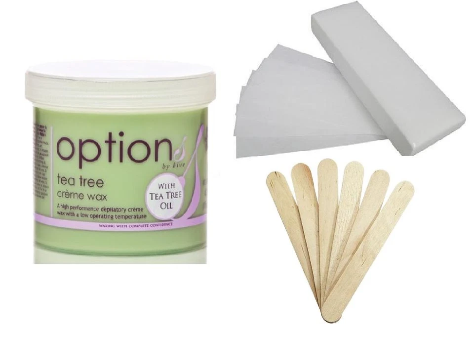HIVE TEA TREE CREME WAX 425g + 100 WAXING STRIPS + 25 SPATULAS kit paper