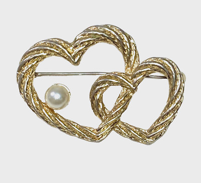 Vintage AAI Gold Tone Double Heart with Pearl Brooch