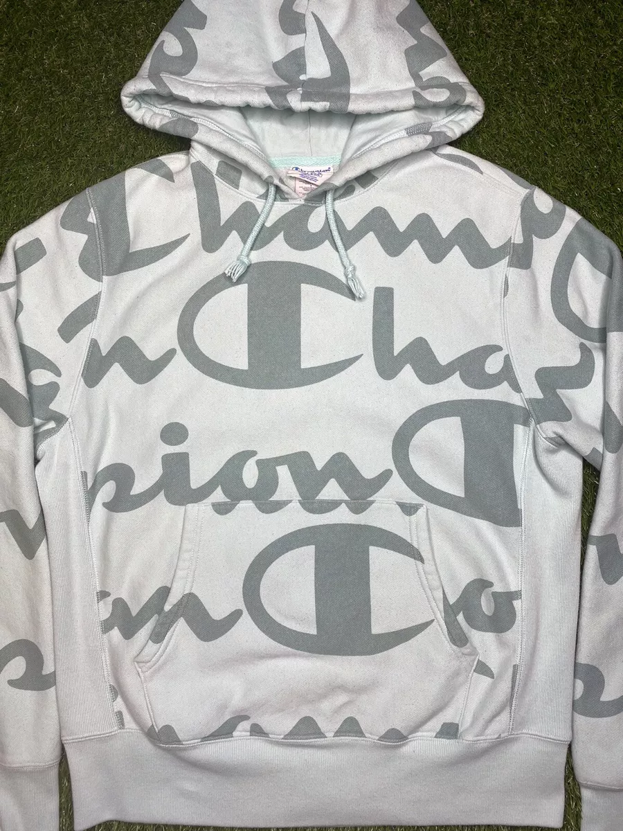 Champion Hoodie Reverse Weave Script Logo All Over Print Size M Mint Green