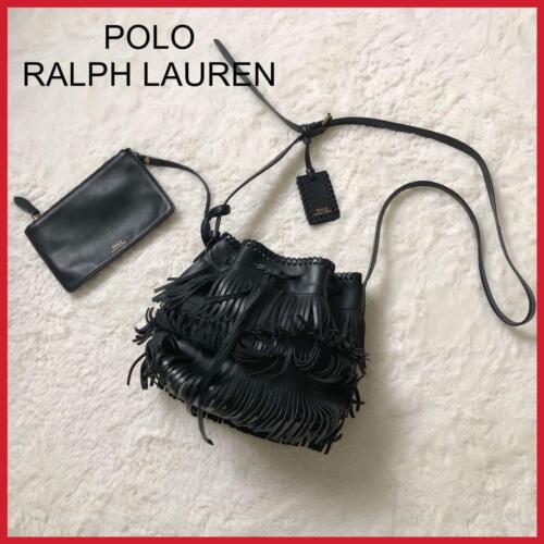 POLO RALPH LAUREN Leather Fringe Shoulder Bag Black Women Used JPN - Picture 1 of 12