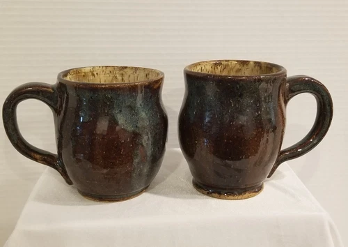 Set Of 2 Art Pottery Mugs Signed Blue Brown Drip Glazed Coffee Tea
