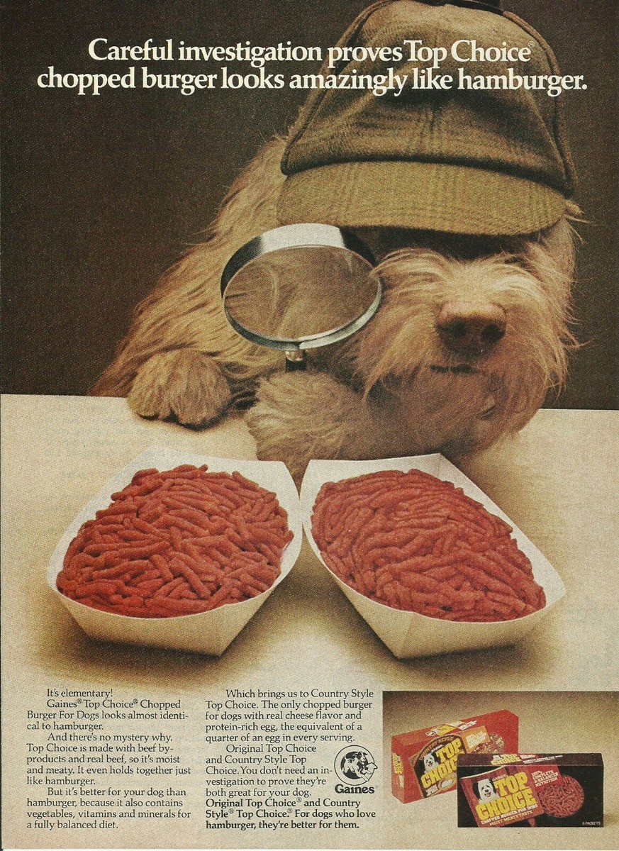 1976 Gaines Top Choice Chopped Burger Dog Food vintage print ad